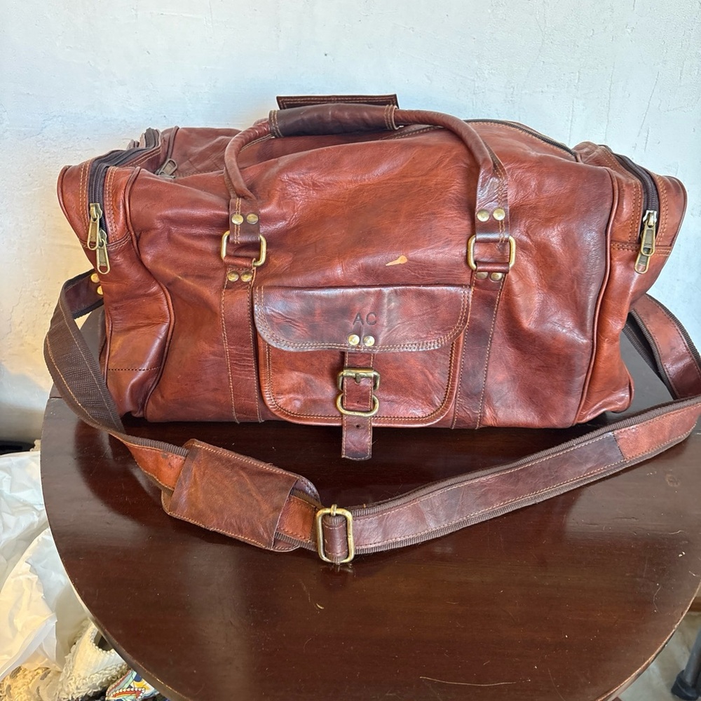 Brown Leather Men's Bag duffel gym, carry-on travel bag